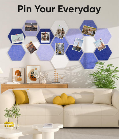 Toptople 12 Inch Large Hexagon Cork Board for Walls, 8 Pack Felt Bulletin Board Tiles, Pin Board with Push Pins for Office Photo and Note, Denim Blue