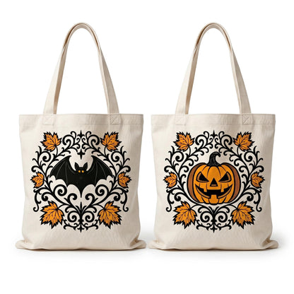 2 Pack Vintage Fall Halloween Canvas Tote Bags,Retro Gothic Ghost Witch Pumpkin Bat&Autumn Maple Leaf,Reusable Carryall Bags for Trick-or-Treat,Fall Harvest&Thanksgiving Gifting (Bat&Pumpkin)