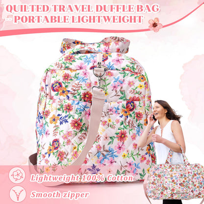 Dansydaisy Large Quilted Travel Duffle Bag for Women Floral Portable Gym Weekender Bag with Zipper Pockets Workout Grocery Pouch Duffle Gift Pouch for Work(Pink Floral)