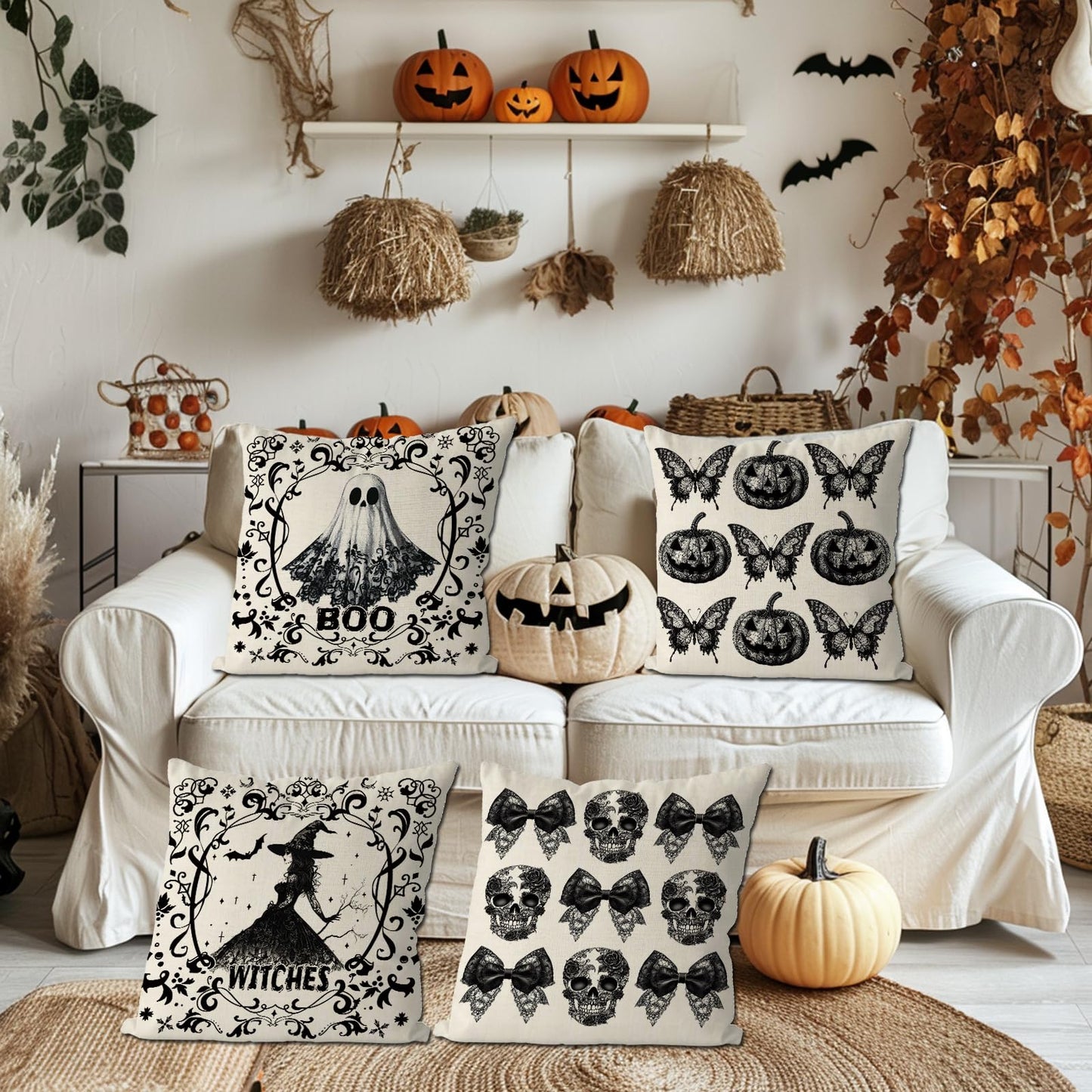 GAGEC Halloween Pillow Covers 18x18 Inch Set of 4 Ghost Witches Gothic Throw Pillow Covers Pumpkin Butterfly Spooky Farmhouse Pillowcase Couch Cushion Case for Home Sofa Living Room Decor