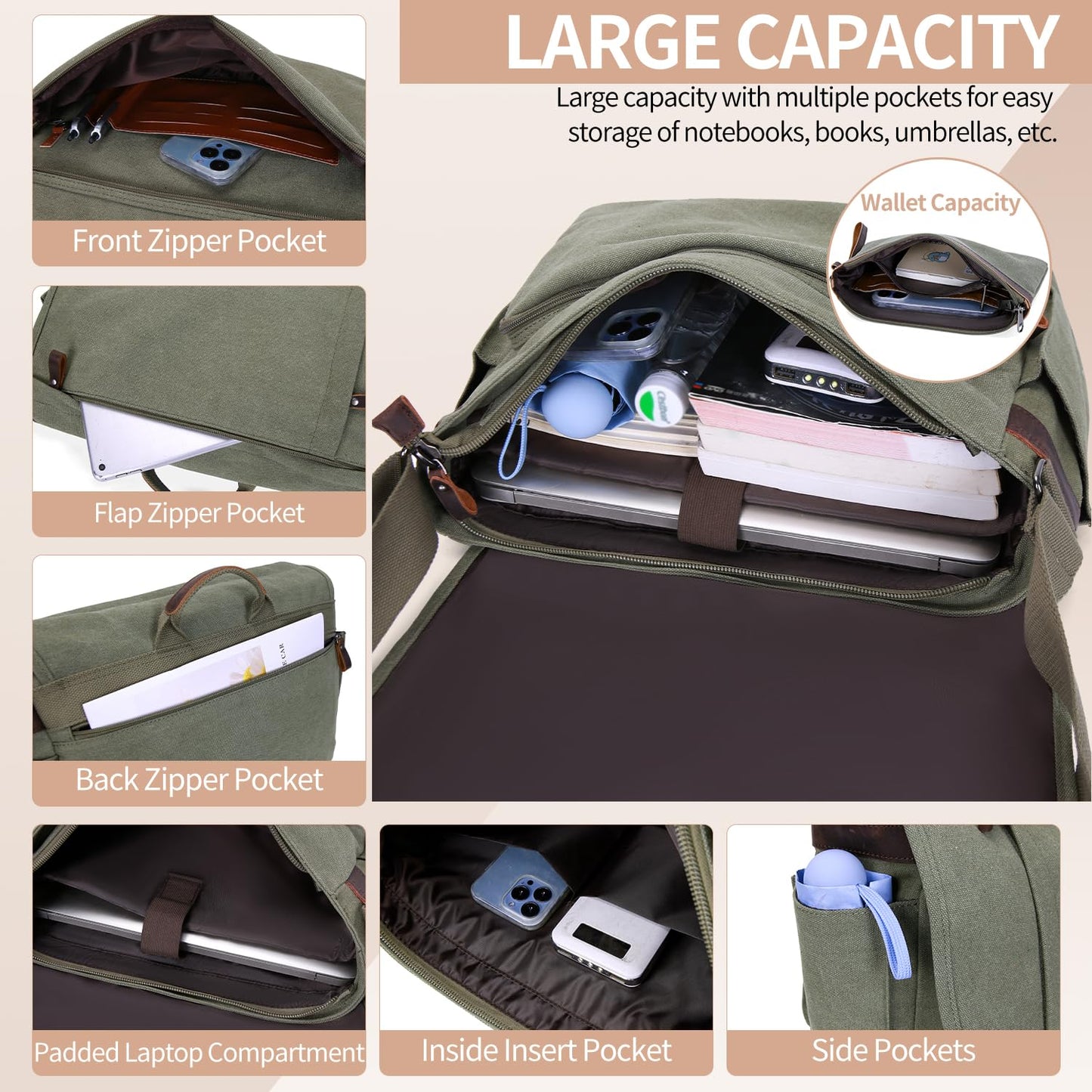 Nerlion Messenger Bag for Men 17-17.3 Inch Laptop Bag Canvas Water-resistant Computer Bag Shoulder Bag Work Briefcase Bookbag for College (Green)