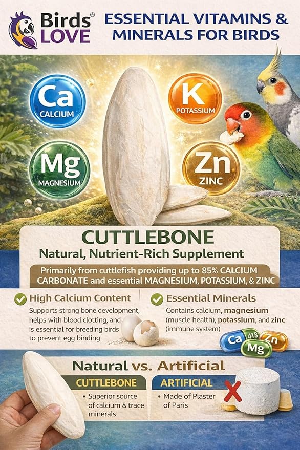 Birds LOVE 3.5-4″ Cuttlebone for Birds – 100% Natural Sun-Dried Calcium & Beak Conditioning Supplement for Parakeets, Budgies, Cockatiels, Finches & Canaries – 4 Pack with Holder – Made in Vietnam