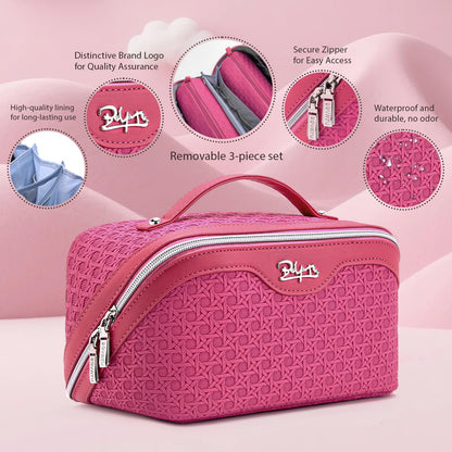 BOYATU Travel Makeup Bag Cosmetic Bags for Women: Large Capacity 3 Pcs Set Make up Bag with Compartments - Waterproof Vegan Leather Toiletry Organizer Bags with Handle (M-73Rose)