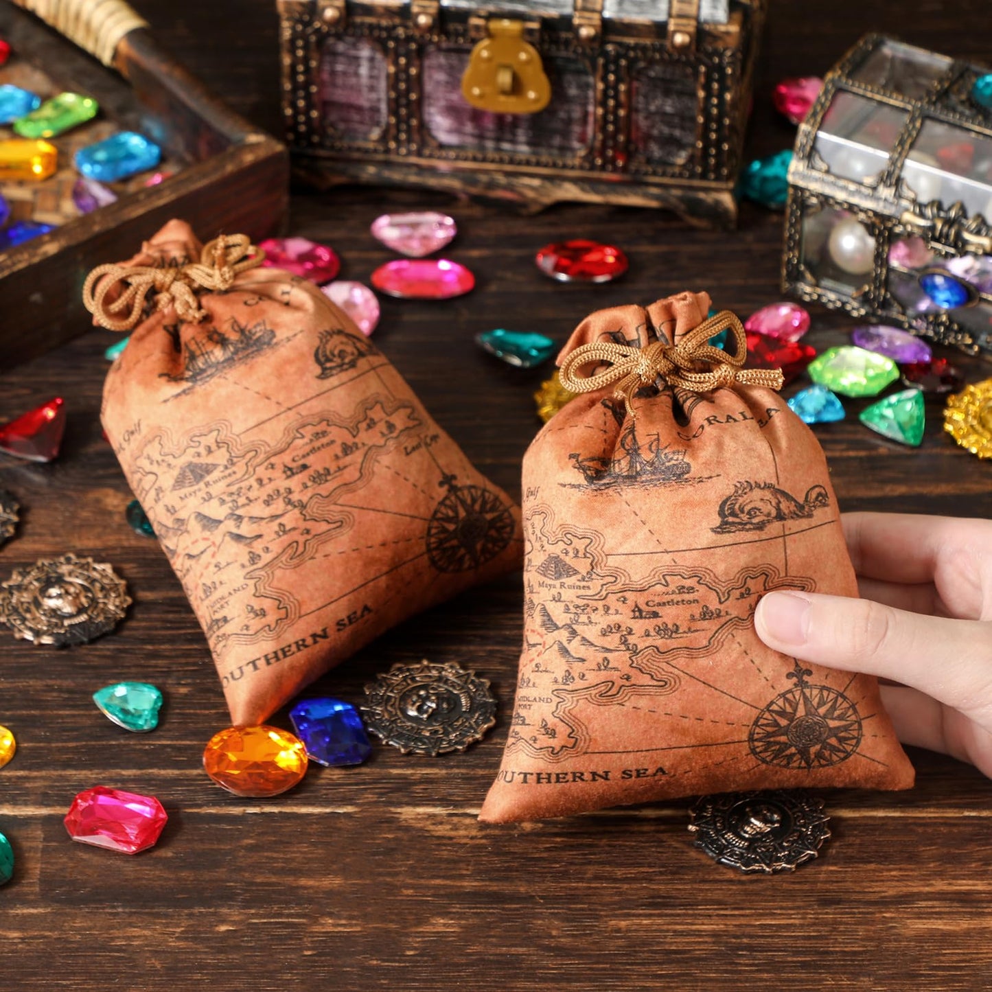 RICHNESS 16pcs Pirate Party Favor Bags Treasure Map Bag with Drawstring Closure Satin Party Loot Bags 4.5X6 Inches Goodie Bags