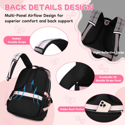 QIXIHU Girls Backpack, 17-Inch Bookbag for Middle & Elementary School, Kawaii Kids Backpack for Girls Ages 6-12(Black Pink)
