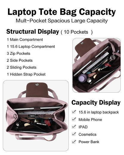 FADEON Large Laptop Tote Bag for Women Designer Leather Laptop Bag Fashion Travel Backpack Purse Shoulder Handbag Purple