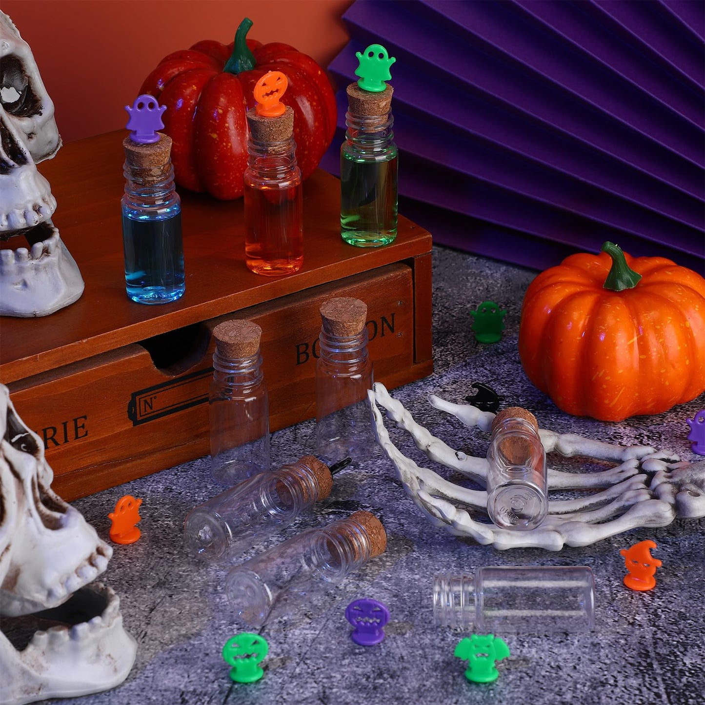 Bokon 36 Pack Mini Plastic Bottles with Corks Funnels Plastic Potion Bottles Tiny Clear Sand Art Jar Wishing Vial Witch Potion Jars for Decorations Birthday Party DIY Crafts Gift