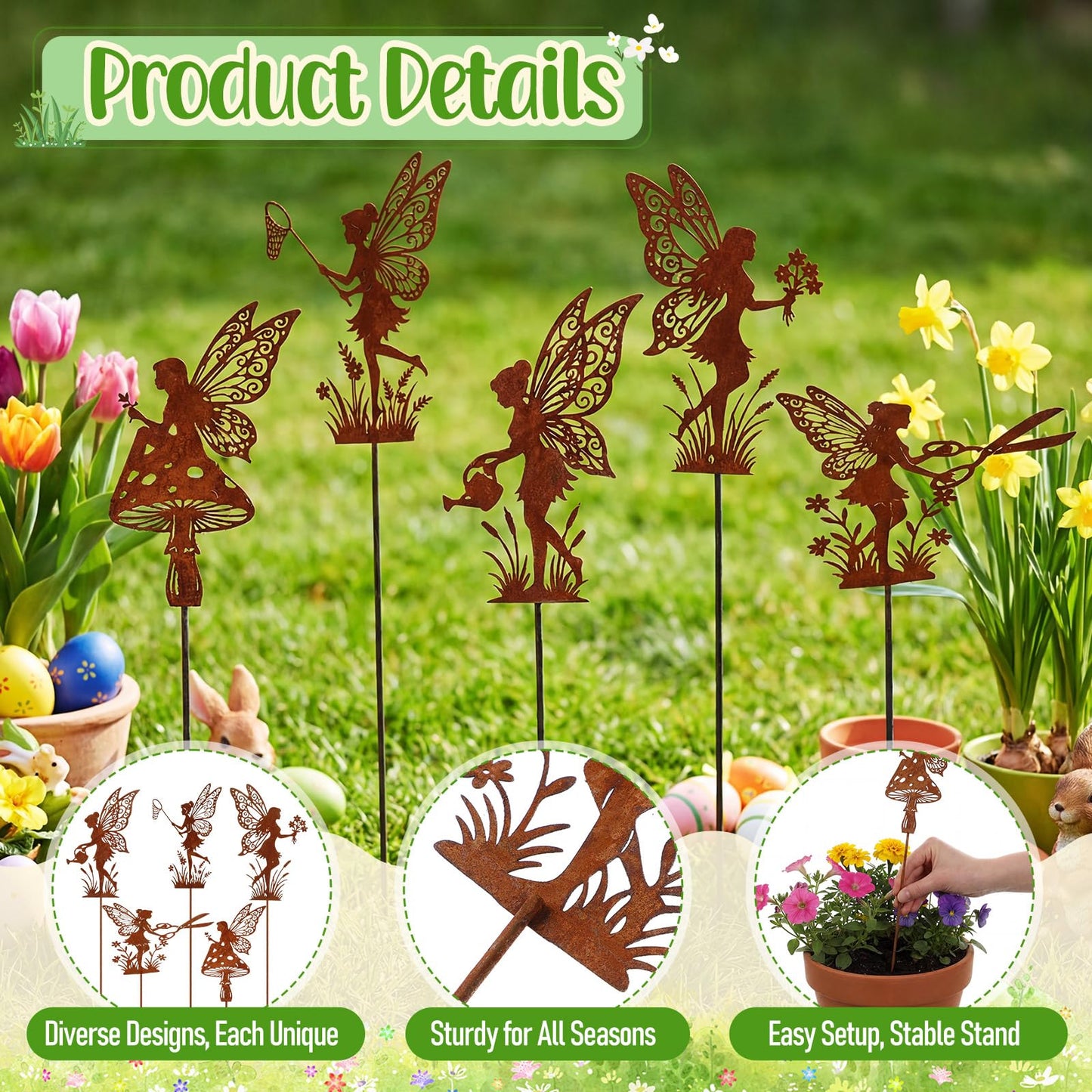 Novabright 5 Pcs Decorative Garden Stakes Metal Fairy Silhouette Set Stakes Outdoor Yard Art Decor Fairy Garden Sign for Lawn Flower Bed Planter Pot Landscaping(Rust)