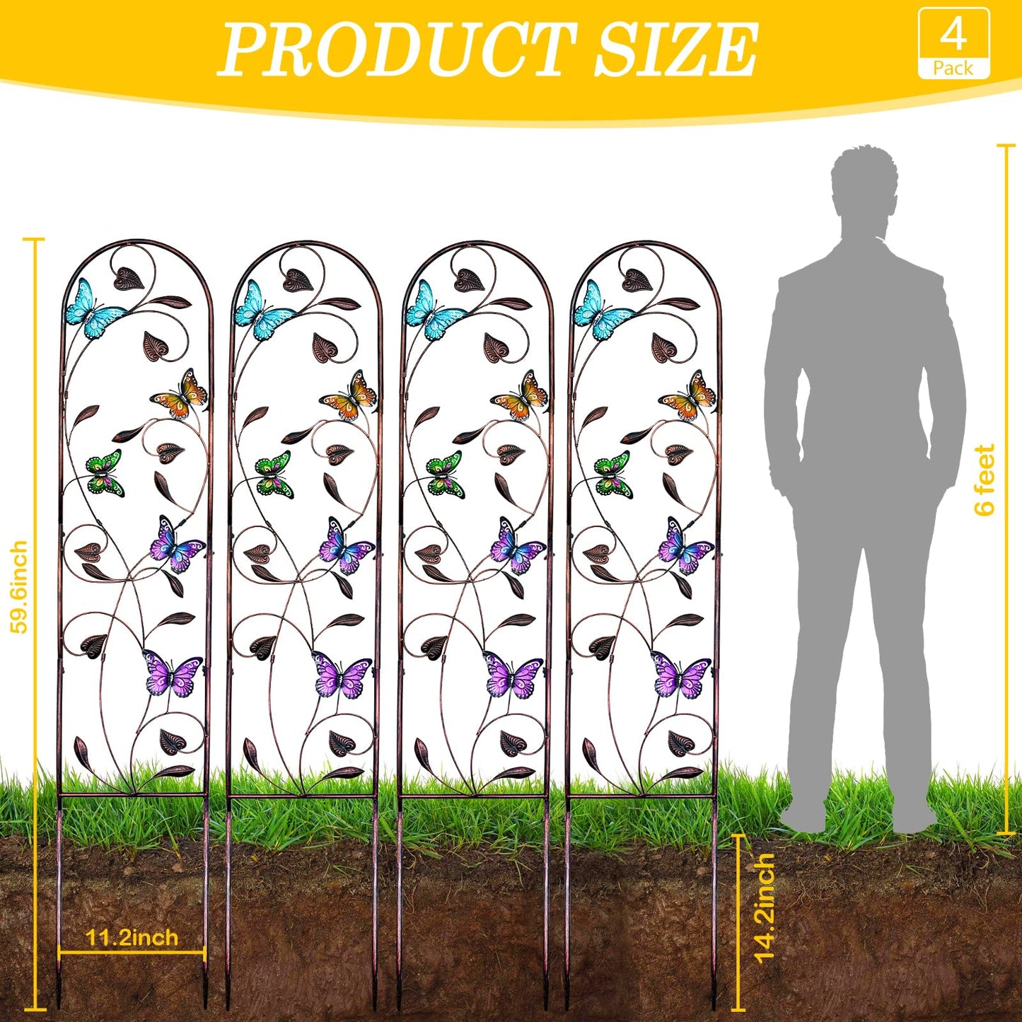 aboxoo Set of 4 Packs Butterfly Metal Garden Trellis for Climbing Plants,Outdoor Decorative Flowers Arch Fence Trellis for Outdoor Patio,Garden,Lawn,Yard,Backyard,Wall Brackets,60'' H x 11'' W