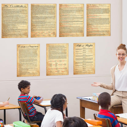 7Pcs American Founding Documents Poster US Constitution with All Amendments, Declaration of Independence and Bill Of Rights Posters Vintage US History Wall Prints for Classroom School Home Office
