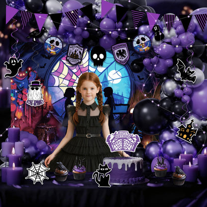 CheerBox Gothic Birthday Party Decorations for Girl - 177 Pcs Purple Black Dark Academia Party Supplies with Original Backdrop, Balloon Boxes, 3D Bats, Cake Topper