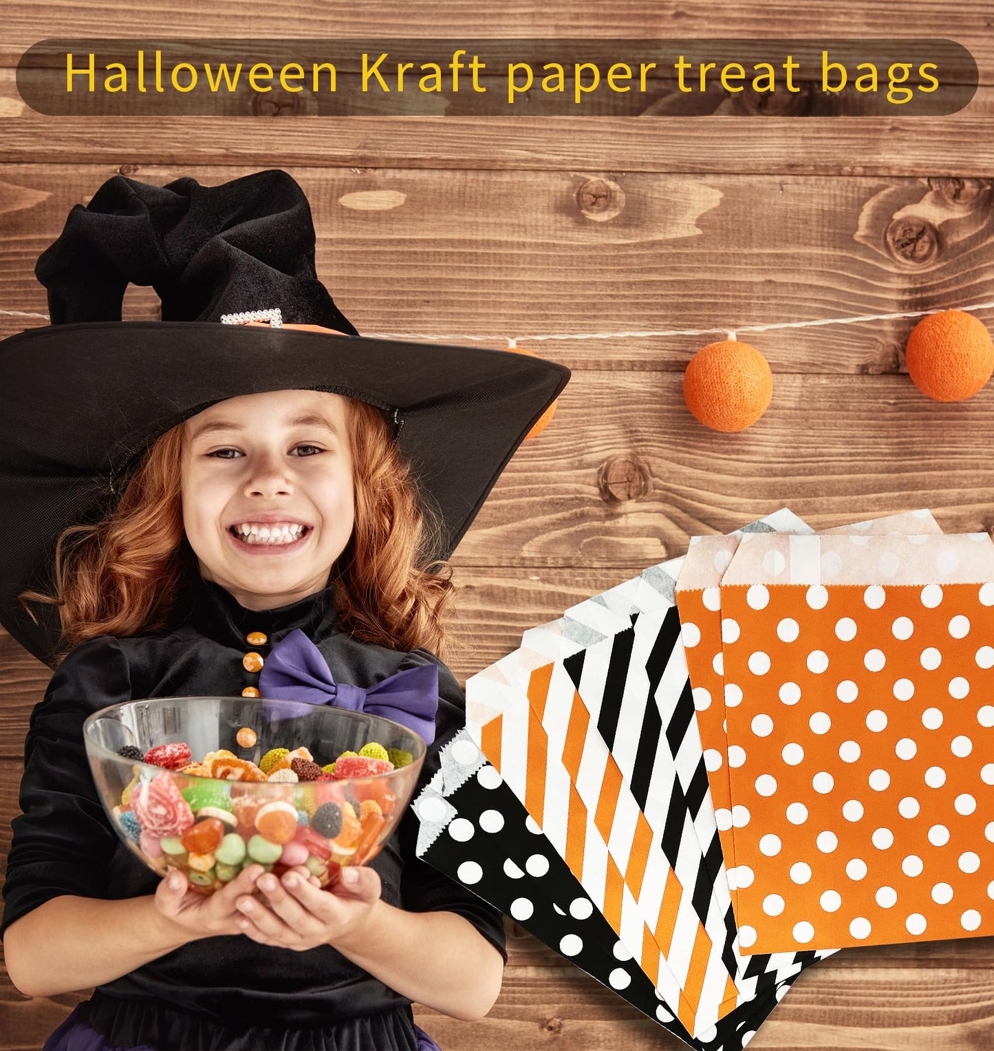 Jexila 100-Pack Halloween Treat Bags - Orange & Black Polka Dot Striped Pattern Paper Goodie Bags for Kids Trick or Treat Party Favors