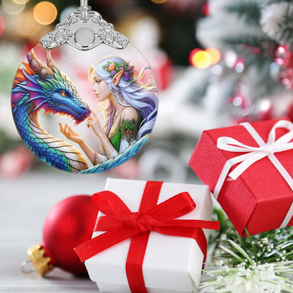 Jocidea Enchanted Elf & Dragon Christmas Ornament - Stained Glass Hanging Decor - Tree Decoration - Gift for Friends, Sisters