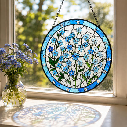 Sahoottie Forget Me Not Flower Stained Glass Window Hanging 7.9in