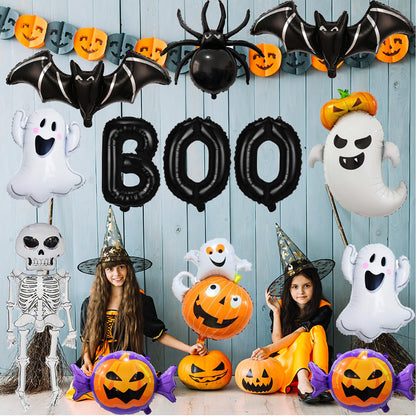 Wecepar Halloween Party Decorations – 12Pcs Ghost Skeleton Pumpkin Bat Spider BOO Foil Balloons Set for Halloween Birthday Party Supplies