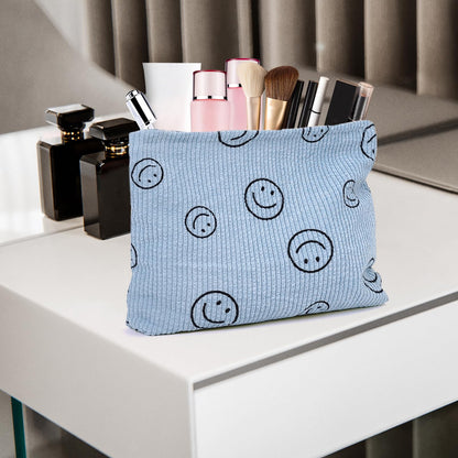 HFZRZFH Smiley Face Makeup Bag - Cute Blue Corduroy Small Toiletry Bags for Women, Soft Mini Skincare Organizer, Small Zipper Pouch For Travel Use