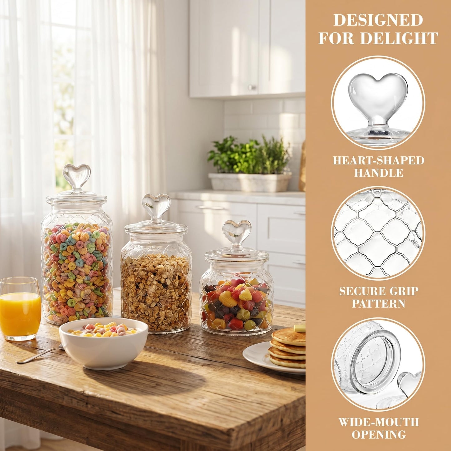 Hiceeden Set of 3 Cute Glass Jars with Airtight Lids, Candy & Cookie Food Storage Containers with Heart-shaped Handle, Glass Canister with Grid Texture for Coffee Beans, Flour, Sugar, 22/32/45oz