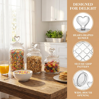 Hiceeden Set of 3 Cute Glass Jars with Airtight Lids, Candy & Cookie Food Storage Containers with Heart-shaped Handle, Glass Canister with Grid Texture for Coffee Beans, Flour, Sugar, 22/32/45oz