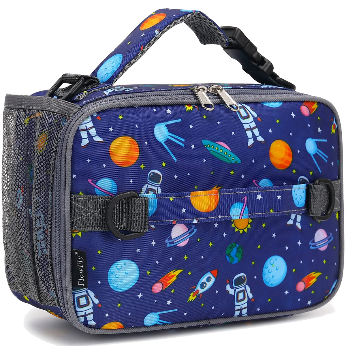 FlowFly Kids Lunch Bag, Durable Insulated School Lunch Box with Shoulder Strap and Bottle Holder, Water-resistant Thermal Small Lunch Cooler Tote for Teen Boys & Girls,Astronaut