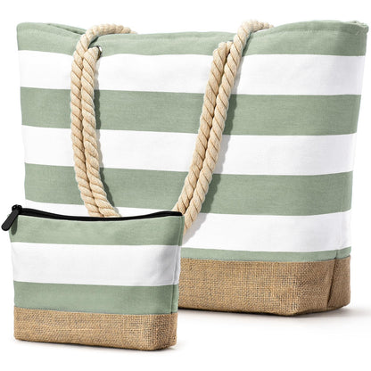 Becokan Beach Bag Initial Beach Tote with Makeup Bag for Travel, Work, Storage Personalized Birthday Gifts for Women Her (Plain, Light Green)