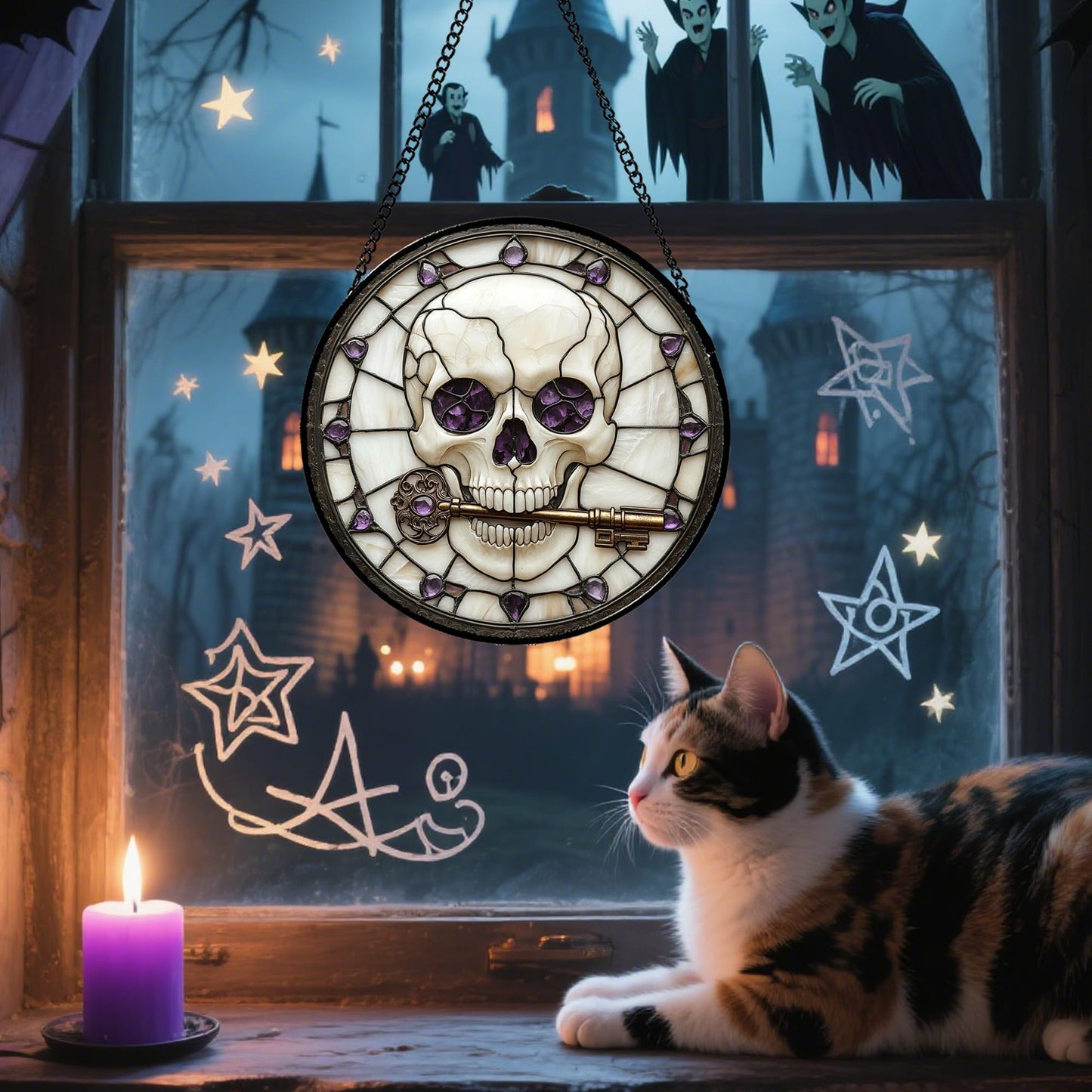 CRISGIF Stained Glass Window Hanging - Halloween Scary Skull Suncatcher for Doors Garden Home Spooky Purple Skeleton Key Sun Catchers Gothic Decor Horror Gifts for Women Men Friend Boy Girl 9.8 in