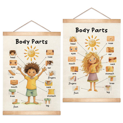 HEYJEEPER Body Parts Learning Posters Set of 2,Linen Educational Wall Art with Wood Hanger, Cute Girl & Boy Body Parts Charts for Toddlers Preschool Classroom Playroom Nursery Decor,18.5x14 Inch