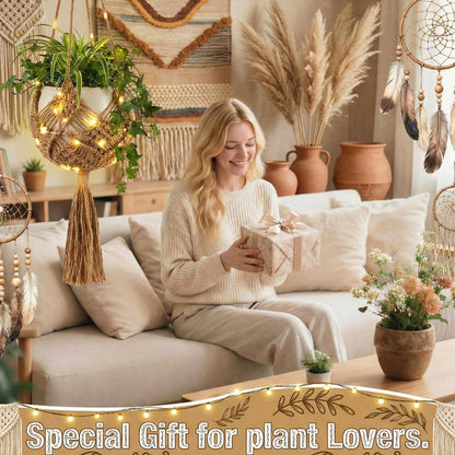 Sliner 3 Pack Jute Crochet Plant Hanging Baskets with Lights and Hooks Macrame Plant Hangers Boho Hanging Baskets for Indoor and Outdoor Home Decor, 3 Different Size