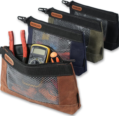 WELKINLAND 4 Piece-Pack Clear Tool Pouch, 12-Inch Tool Pouches, Heavy-Duty Waxed Canvas Zippered Tool Pouch, See-Thru Tool Pouches With Zipper, 4-Color Small Tool Bag