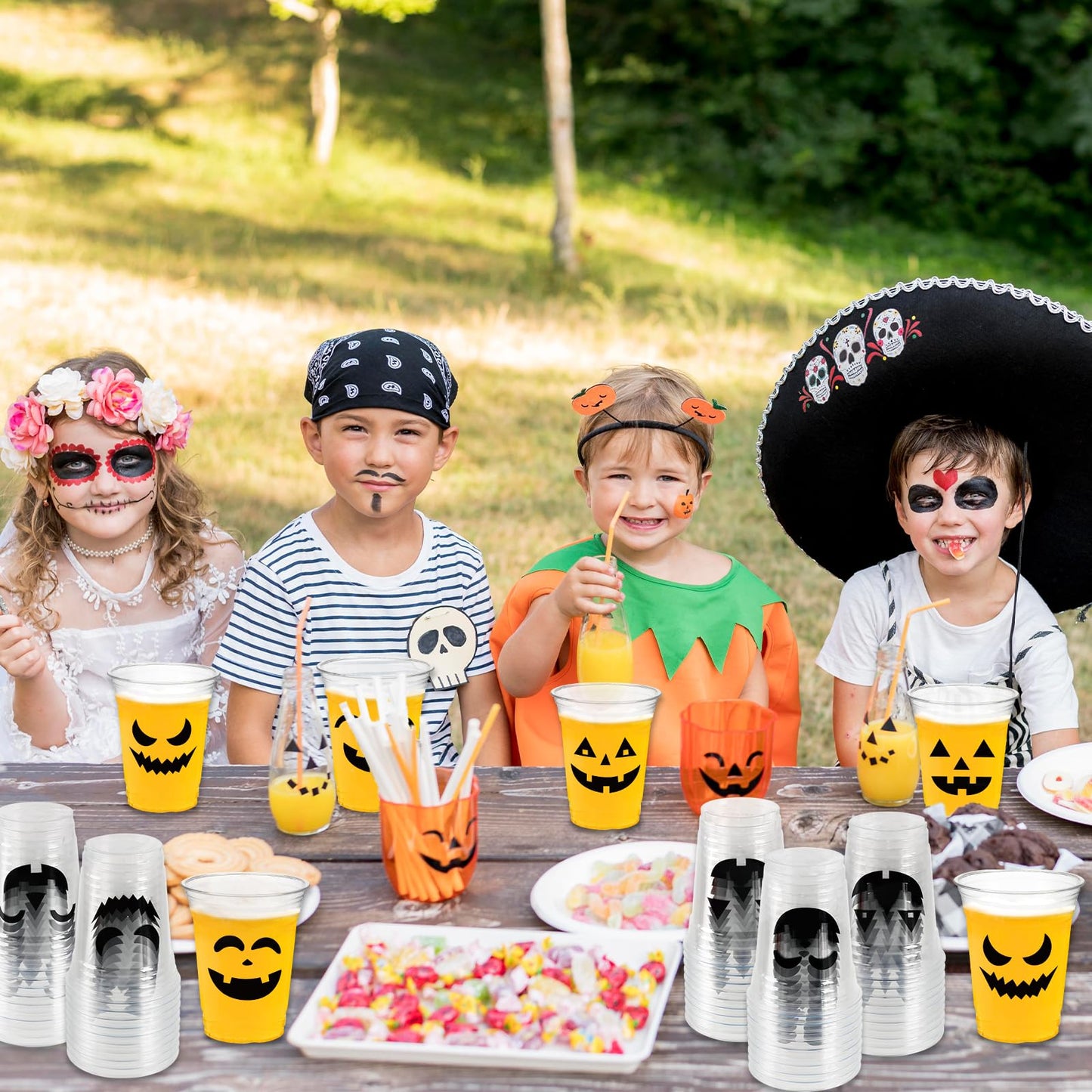 CUPLOOV 50 Pack Halloween Plastic Cups Clear 12Oz Disposable Pumpkin Cups With 5 Styles Patterns for Kids Adults Party Favors, Coffee, Wine, Hot and Cold Drinks