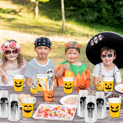 CUPLOOV 50 Pack Halloween Plastic Cups Clear 12Oz Disposable Pumpkin Cups With 5 Styles Patterns for Kids Adults Party Favors, Coffee, Wine, Hot and Cold Drinks