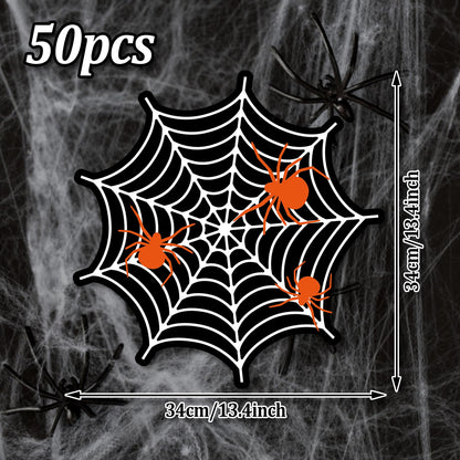 JarThenaAMCS 50Pcs Halloween Paper Placemats Spider Web Dining Table Mats White Black Disposable Place Mats for Home Kitchen Restaurant Trick or Treat Party Decor, 13.4 in