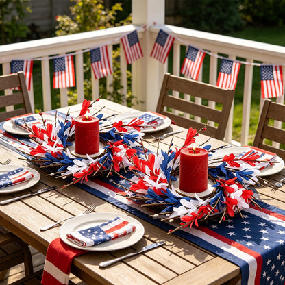 6 PCS Patriotic American Candle Rings Wreaths 4th of July Red White and Blue Floral Candle Rings Holder with Forsythia Flowers Mini Independence Day Wreath for Party Home Table Centerpiece Decor