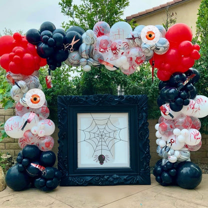 Halloween Balloons Arch Scary Bloody Red White Balloons Garland with Spider Web 3D Spider Stickers Eyeball Blood Handprint Latex Helium Balloon Halloween Birthday Party Decorations Haunted House