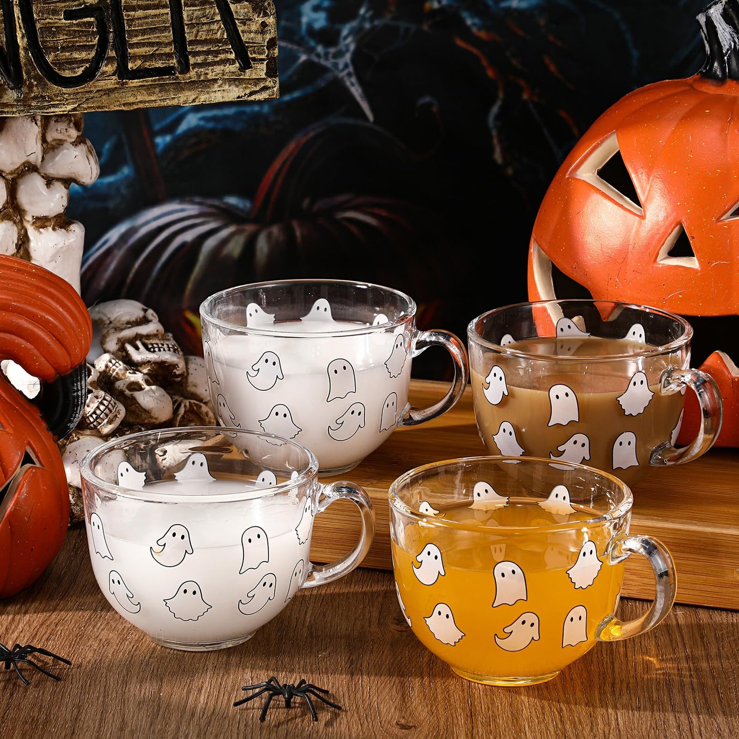 Sliner 6 Pcs Halloween Glass Coffee Mugs with Handle, 16 oz Clear Irish Coffee Mugs Halloween Ghost Footed Irish Glasses Cups for Beverages Latte Hot Chocolate(Ghost)