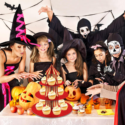 2Pcs 3-Tier Halloween Carnival Decoration Halloween Creepy Circus Cupcake Stand Evil Scary Circus Dessert Tower Stand Carnival Bloody Striped Cake Holder for Horror Movie Dinner Nights Party Supplies
