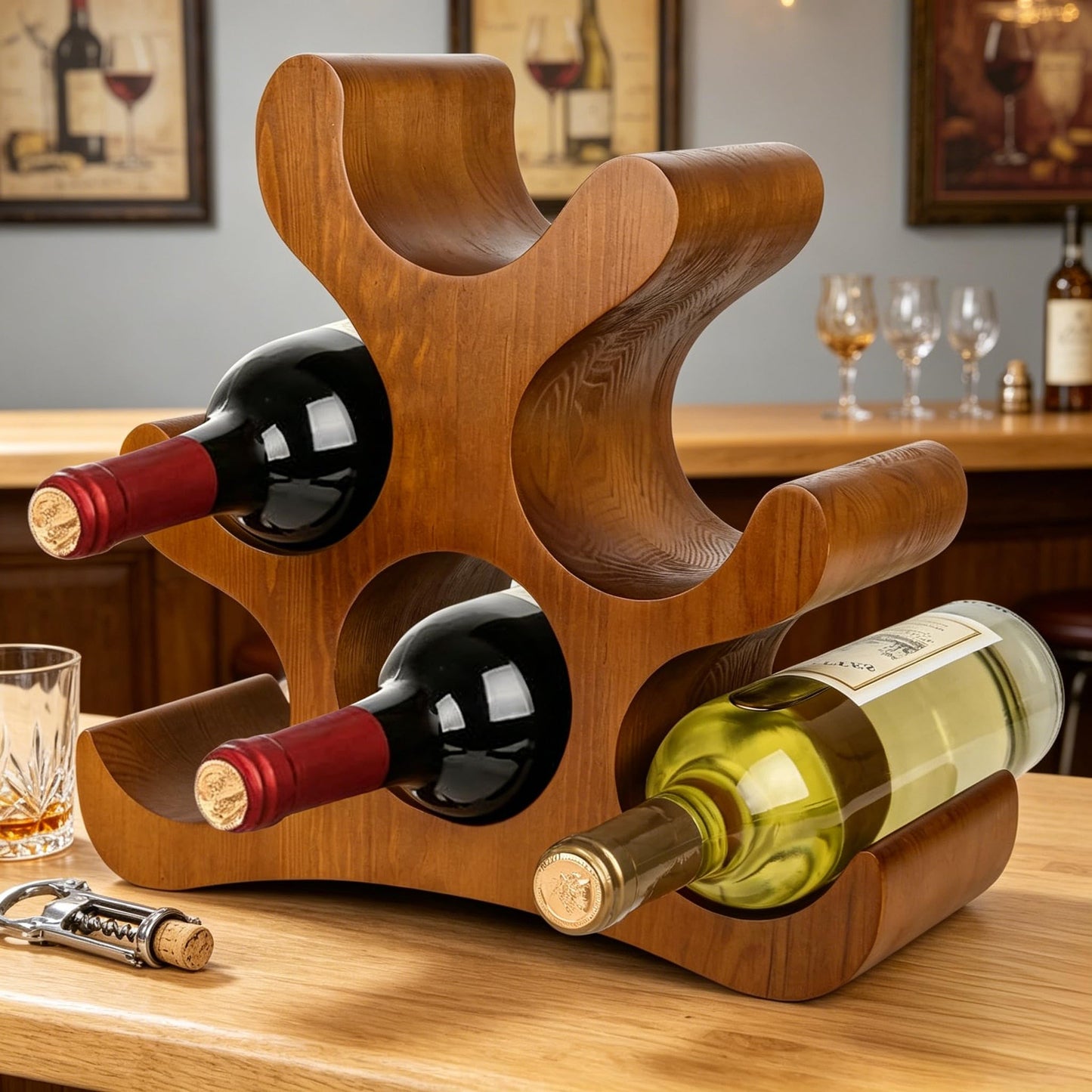Zholp Solid Wood Countertop Wine Rack for 6 Bottles, Space-Saving Freestanding Design, Wooden Storage Holder Stand for Kitchen, Dining Room, Bar