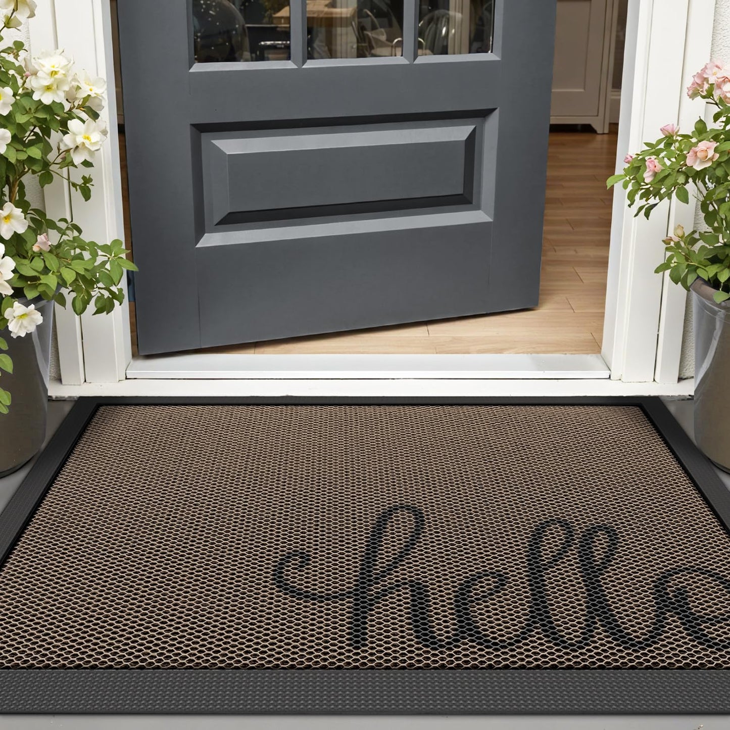 LUMI Outside Welcome Door Mat 17x30, Non Slip Durable Rubber Entrance Doormat, Low Profile Easy Clean Mats for Front Back Door Entryway Porch Garage, Hello