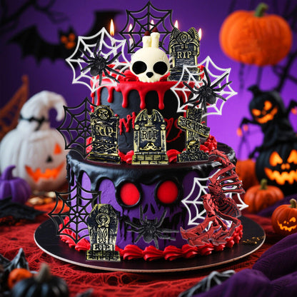 Spider Cake Decoration Halloween Cake Toppers Tombstone Cupcake Toppers (red)
