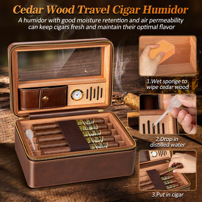 Usewire Cigars Humidor, Travel Cigar Humidor Case, Cedar Wood Double Layer Cigar Box with Built-in Humidifier, Glass Top Cigar Humidor with Cigar Lighter, Cigar Accessory Gift Set for Men(No Butane)