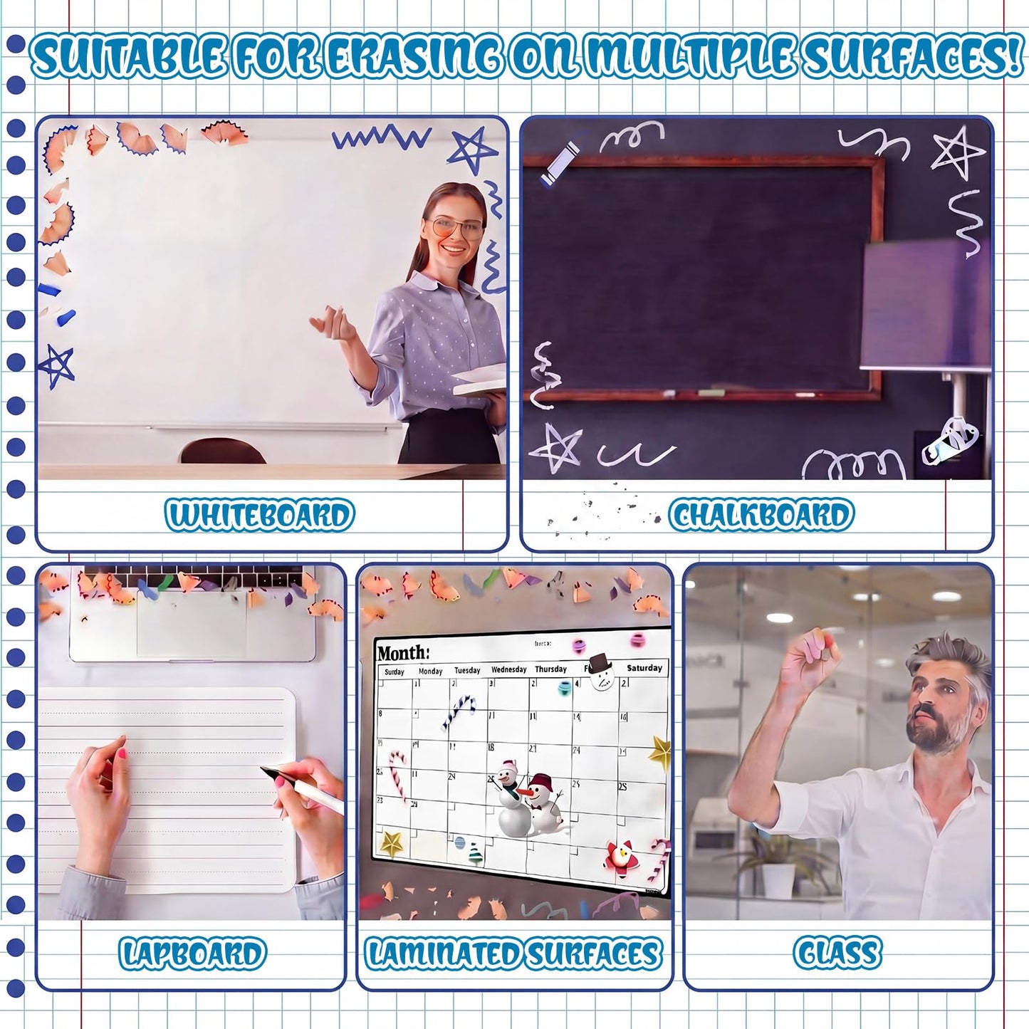 YooNotee 48 Pack Lined Exercise Book Magnetic Dry Erase Erasers 2x2 Inch, Mini Whiteboard Dry Erasers Back to School Supplies Chalkboard Cleaning Pads for Classroom Office Kindergarten Decor