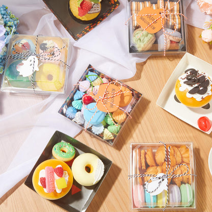 Yaomiao 50 Pcs Halloween Ghost Charcuterie Boxes with Clear Lids Rope Card 5.3 Inch Square Disposable Paper Food Containers Bakery Dessert Treat Boxes for Cake Cookie Sandwich Halloween Party Favors