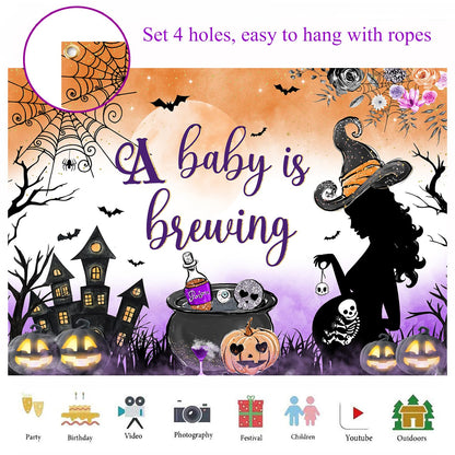 Withu A Baby is Brewing Backdrop Halloween Baby Shower Pregnant Witch Pumpkin Cobweb Haunted House Castle Gender Reveal Baby Boy Girl Newborn Party Decoration Banner Background 6x4ft