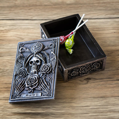 Pacific Giftware Muerte Tarot Box with Grim Reaper and Gothic Rose Design Perfect Home Decor for Tarot Cards Jewelry or Keepsake Storage 5" Long