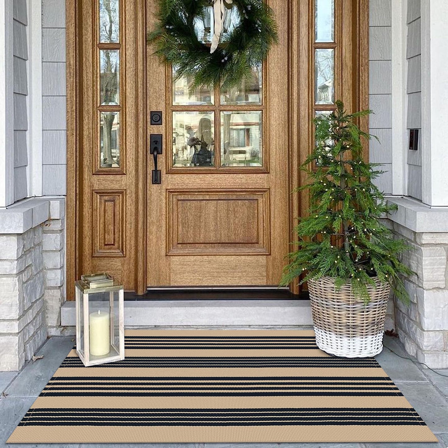 KOZYFLY Striped Front Door Mat 2x3 Ft Brown and Black Cotton Washable Indoor Outdoor Rug Doormats Small Area Rugs for Kitchen Entryway Porch