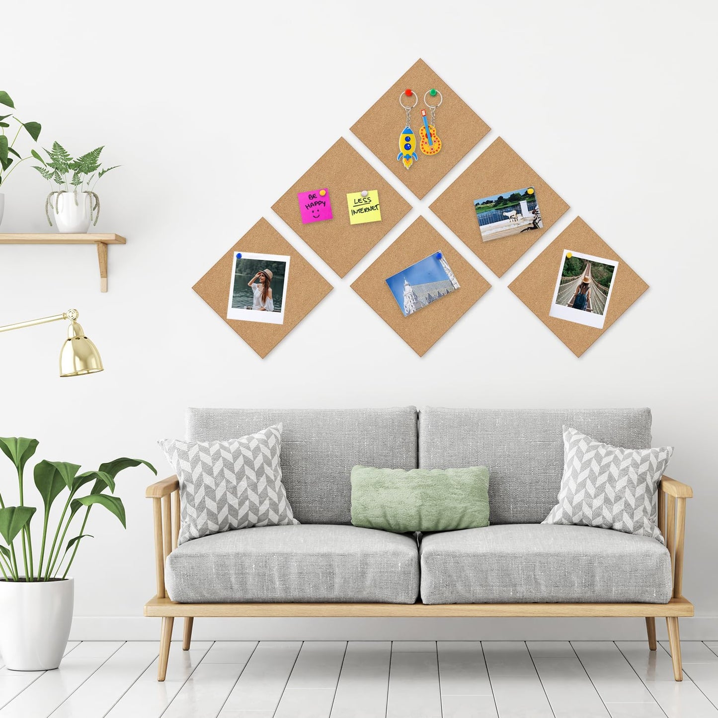 NACHLYNN Cork Board 6 Pack 12 x 12 Self-Adhesive Corkboards for Wall Square Bulletin Board with 100 Push Pins Frameless Cork Tiles for Walls Home Office
