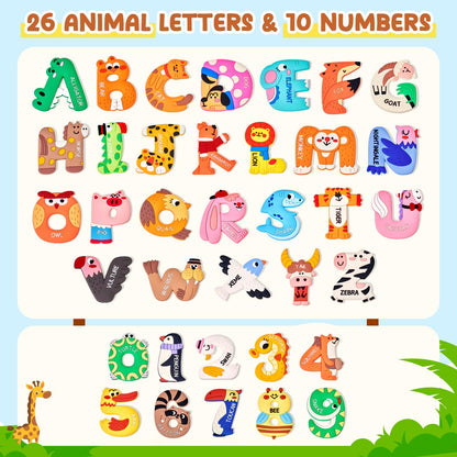 JoyCat Magnetic Letters and Numbers Fridge Magnets, Soft PVC Learning Refrigerator Toy Set for Kids & Toddlers, 26 Animal Alphabet Letters and 0-9 Numbers, Birthday Gifts for Baby Boys and Girls