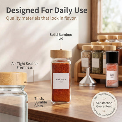 SAVVY & SORTED Glass Spice Jars with Label, 24PK Bamboo Jar Spices Set 4oz, 374 Spice Labels, Pepper Grinder, Empty Herb Seasoning Containers, Funnel and Shaker Lids