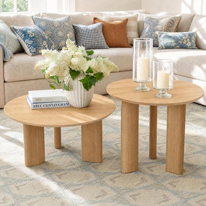 Yechen Nesting Coffee Table Set of 2, Round Wooden Veneer Coffee Table and Side Table Set, Circle Modern Center Tables with Smooth Thick Design for Living Room, Office, or Apartment