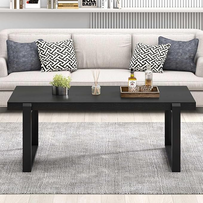 FOLUBAN Black Coffee Table, Modern Industrial Wood and Metal Center Table, Rectangle Cocktail Tea Table for Living Room, 47 Inch