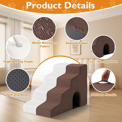 Dog Stairs for Bed 19.5’’ H, 4-Step Dog Steps for High Bed, Pet Stairs for Small Dogs and Cats to Get on Beds, Couch, Non-Slip Balanced Pet Steps and Ramp with Waterproof Cover and Tunnel, Brown
